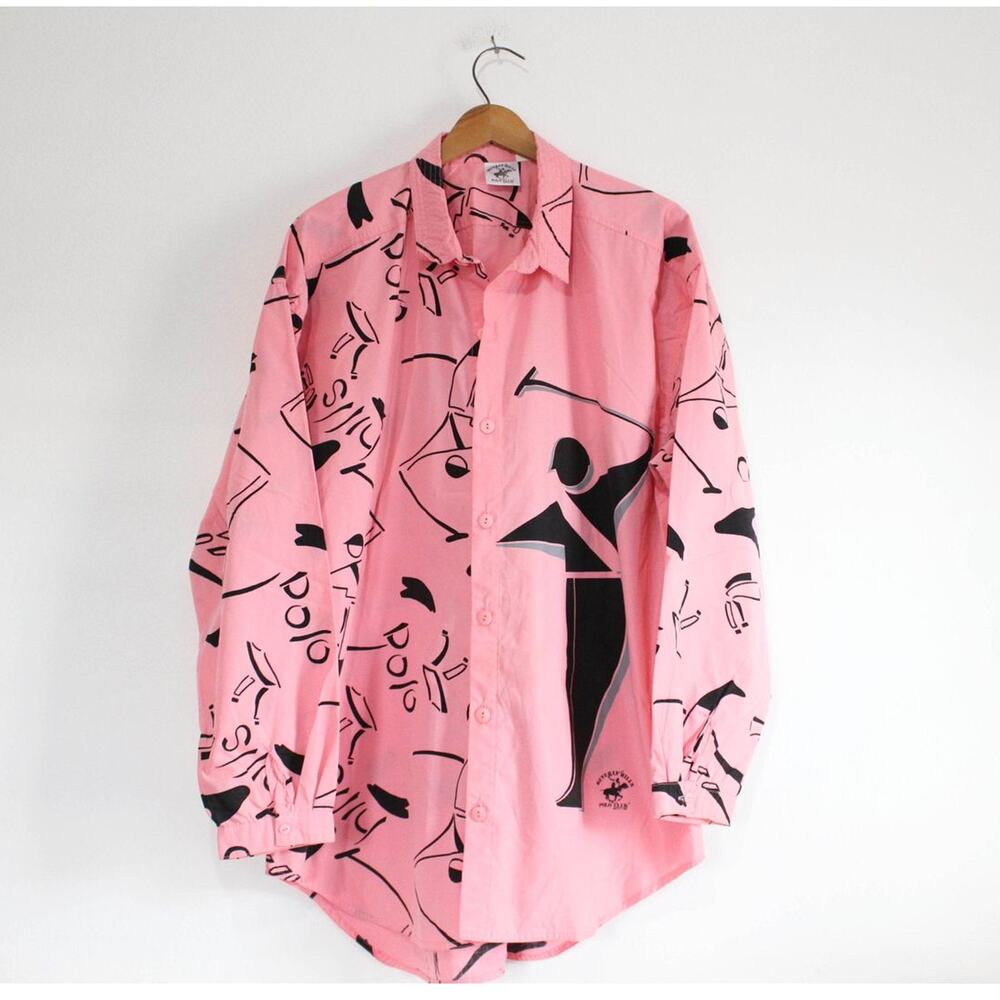 Vintage 90s Beverly Hills Polo Club Pink Button-Up Shirt Size Large